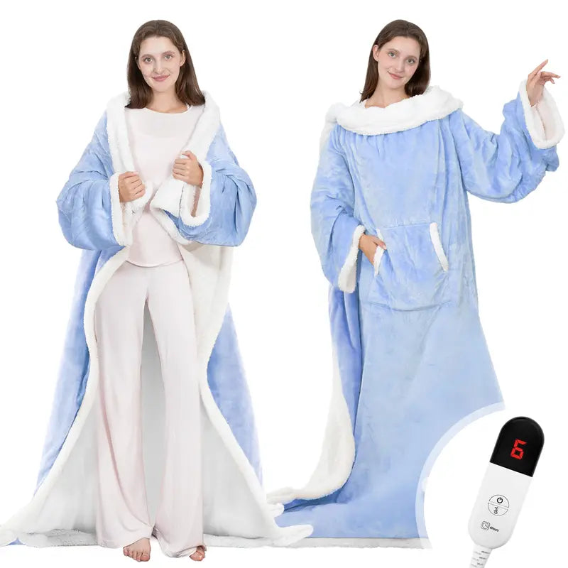 Soft Fleece Heated Flannel Robe Shawl Wrap - 220 GSM, 52X72 in Electric Home Appliance, Soft and Warm, Feel Cosy, Clean and Cozy, Cozy Style, Foot Pockets, Sleeves, 7 Heat Levels, Auto Shut-Off, Heat Insulating, Machine Washable, Father'S Day Gift