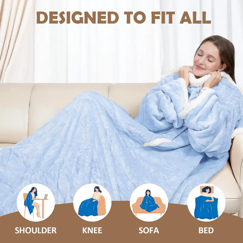Soft Fleece Heated Flannel Robe Shawl Wrap - 220 GSM, 52X72 in Electric Home Appliance, Soft and Warm, Feel Cosy, Clean and Cozy, Cozy Style, Foot Pockets, Sleeves, 7 Heat Levels, Auto Shut-Off, Heat Insulating, Machine Washable, Father'S Day Gift