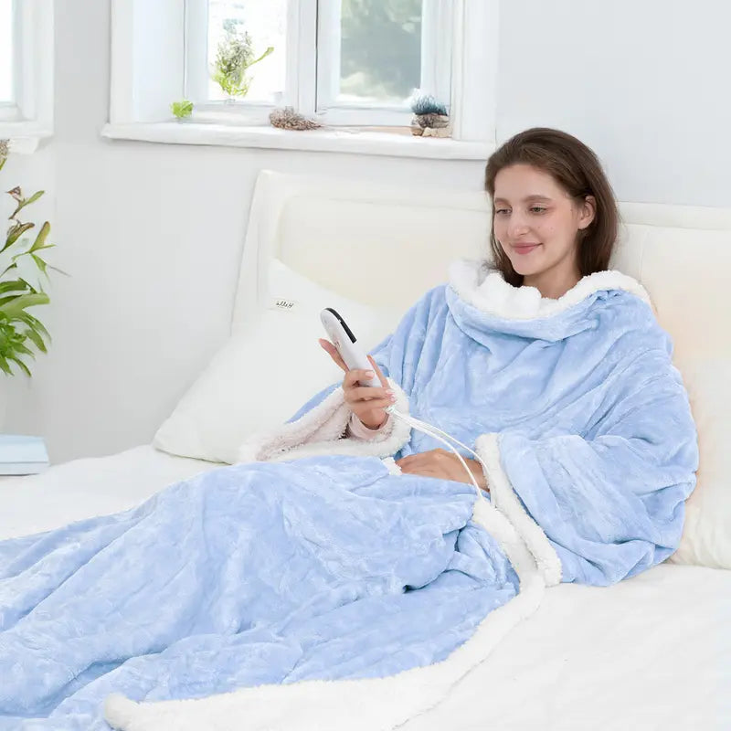 Soft Fleece Heated Flannel Robe Shawl Wrap - 220 GSM, 52X72 in Electric Home Appliance, Soft and Warm, Feel Cosy, Clean and Cozy, Cozy Style, Foot Pockets, Sleeves, 7 Heat Levels, Auto Shut-Off, Heat Insulating, Machine Washable, Father'S Day Gift